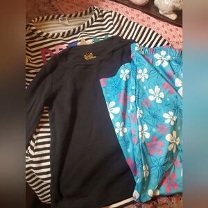 Copper Key Black and White Striped Pajama Set with Blue Floral Pants